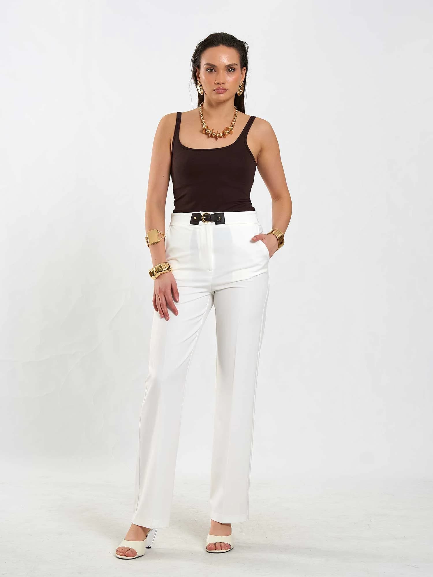 Straight Cut Pants with Belt Detail