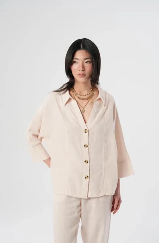 Short Sleeve Linen Beige Shirt