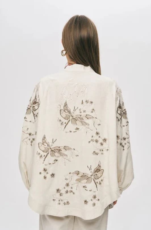 Butterfly Embroidered Oversize Natural Kimono