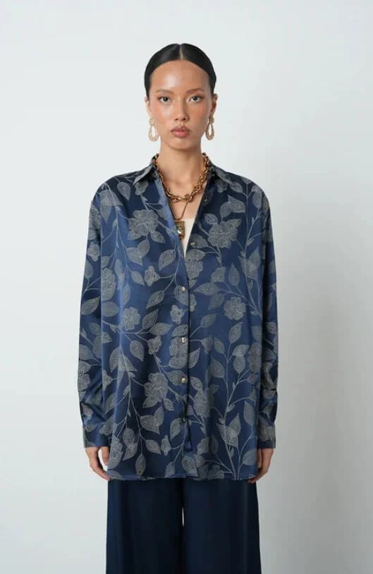 Navy Blue Leaf Patterned Oversize Women's Shirt