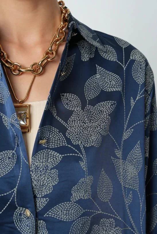 Navy Blue Leaf Patterned Oversize Women's Shirt