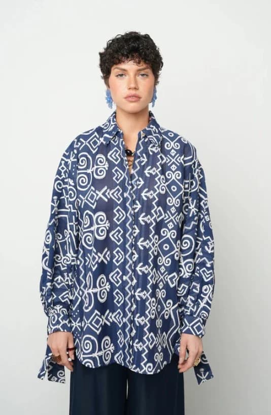 Oversize Shirt with Sleeve Tie Detail, Navy Blue