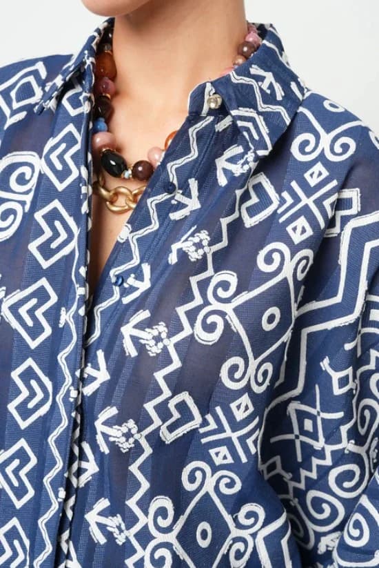 Oversize Shirt with Sleeve Tie Detail, Navy Blue