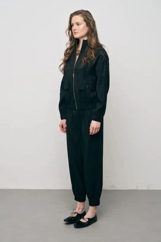 Black Jacket with Elasticated Waist and Cuffs and Zipper