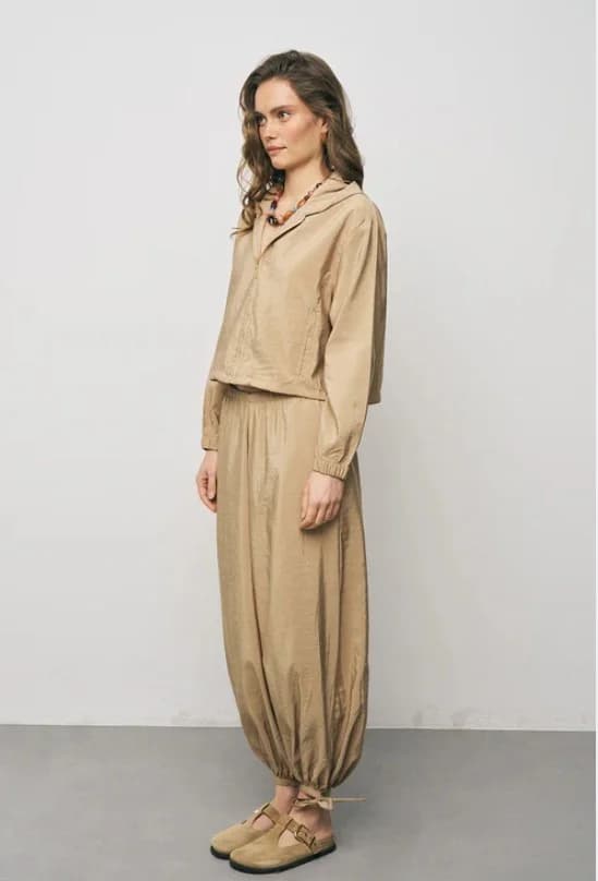 Beige Hooded Zip-Up Crop Jacket with Elastic Waist Detail