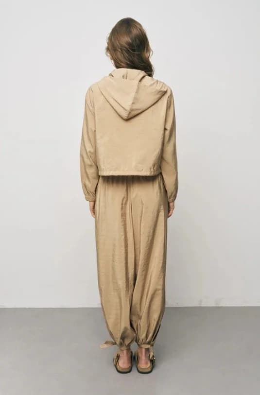 Beige Hooded Zip-Up Crop Jacket with Elastic Waist Detail