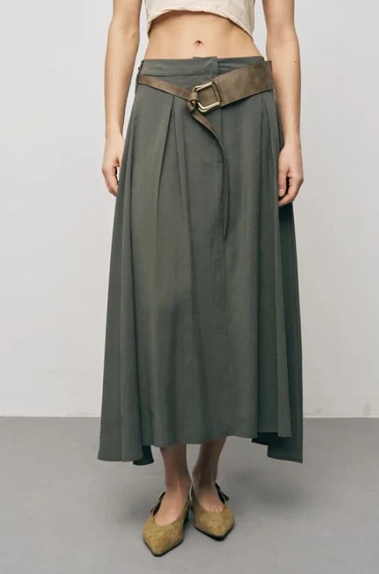 Belted Flared Khaki Midi Skirt
