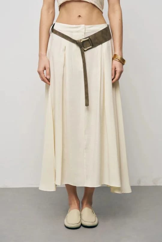 Belted Flared Yellow Midi Skirt