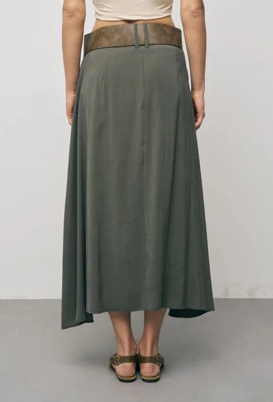 Belted Flared Khaki Midi Skirt