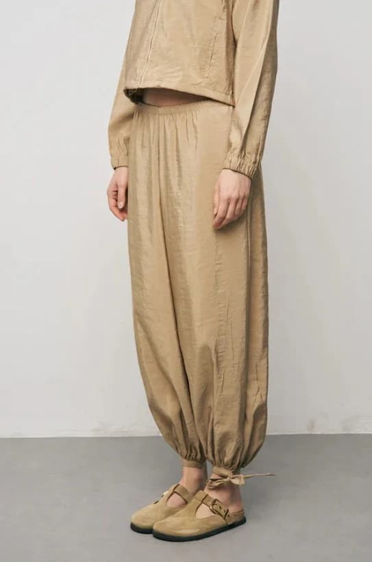 Tie-Detail Elasticated Hem Beige Trousers