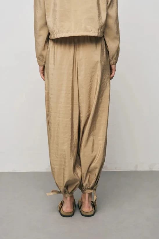 Tie-Detail Elasticated Hem Beige Trousers