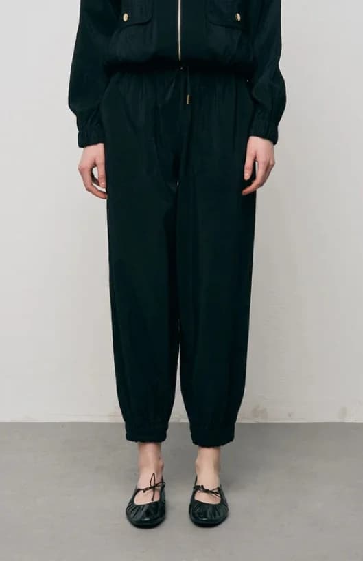 Black Trousers with Elastic Waistband and Tie-Closure Detail